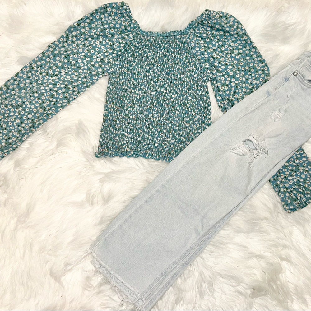 Art Class Floral Blue Smocked Long Sleeve Top